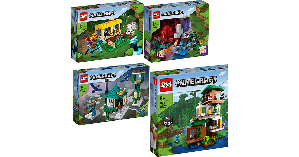 Spielzeug: Lego Minecraft™ 4er Set: 21171 Der Pferdestall + 21172 Das zerstörte Portal + 21173 Der Himmelsturm + 21174 Das moderne Baumhaus bunt