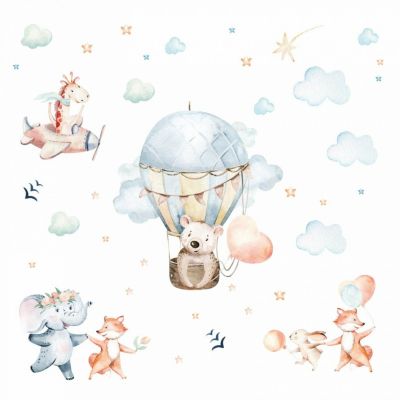 Wandtattoo Aquarelltiere Baby Fuchs mit Luftballon Kinderzimmer Deko 