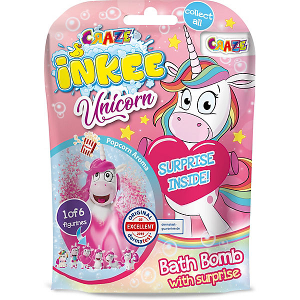 INKEE - Überraschungs-Badebombe Unicorn mit Popcornduft, 100 g + Überraschung