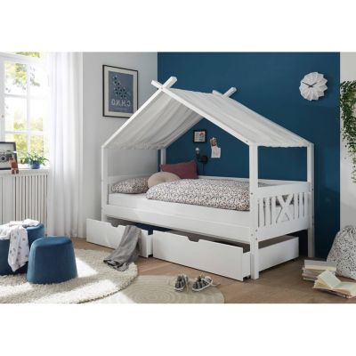 ohne Matratze Kinderbett Hausbett aus Kiefer Holz 90 x 200 cm mit Rausfallschutz Stabiles Haus Bett für Mädchen & Jungen Weiß 70 x 140 cm 