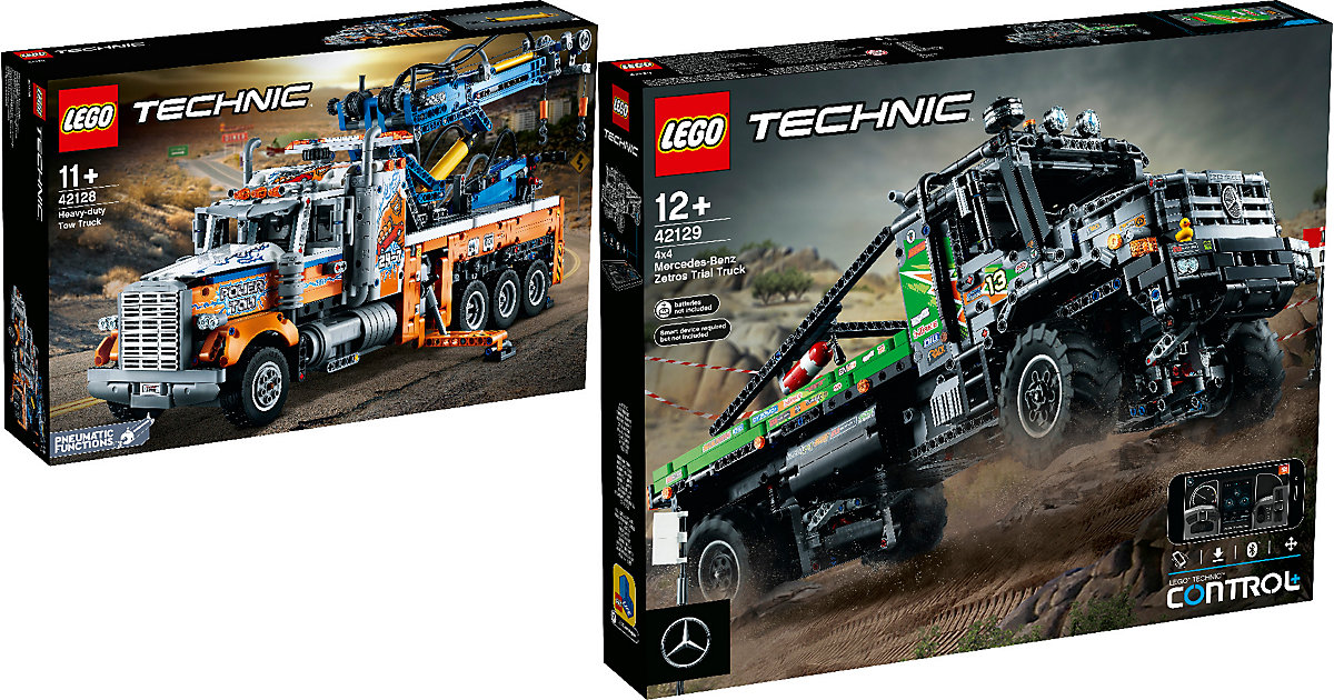 Spielzeug: Lego Technic 2er Set: 42128 Schwerlast-Abschleppwagen + 42129 4x4 Mercedes-Benz Zetros Offroad-Truck bunt