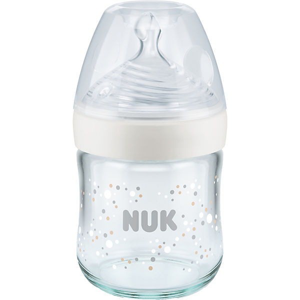 NUK Nature Sense Babyflasche aus Glas mit Temperature Control Anzeige, brustähnlicher Silikon-Trinksauger, 120 ml, weiß