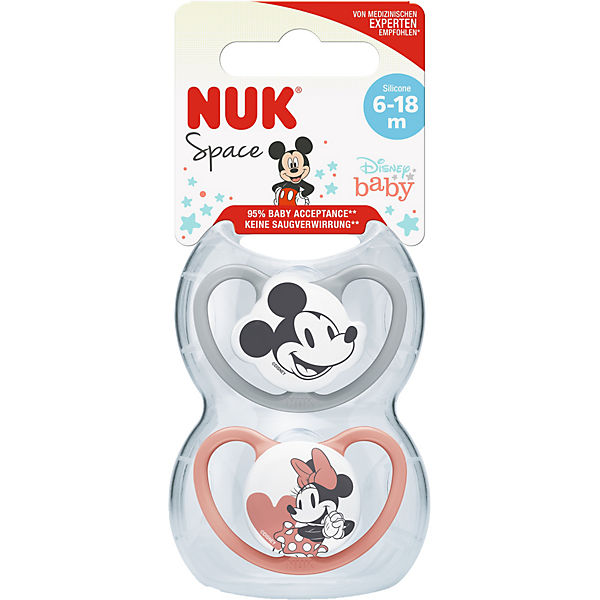 NUK Disney Minnie Mouse Space Silikon-Schnuller, kiefergerechte Form, 6-18 Monate, 2 Stück, grau & rot
