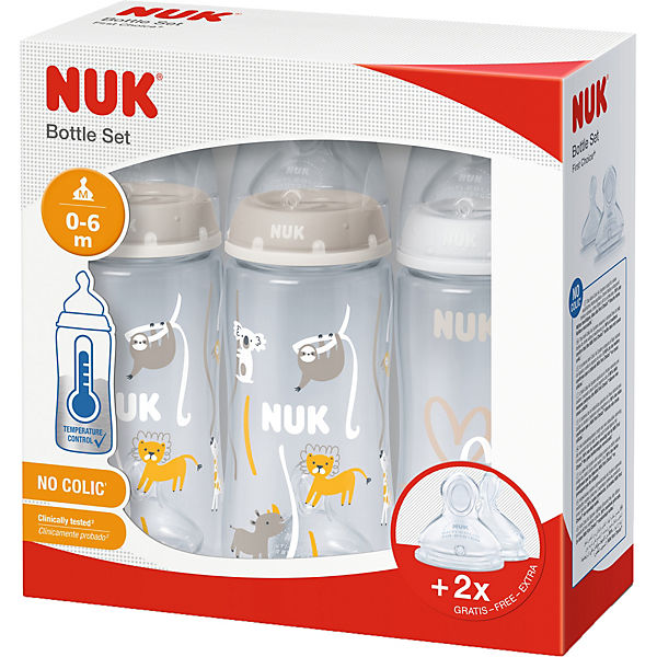 NUK First Choice+ 3 plus 2 Set mit Temperature Control, Vorteils-Set mit NUK First Choice+ PP-Babyflaschen inklusive zwei Ersatzsaugern, BPA-frei, 0-6 Monate, beige & weiß