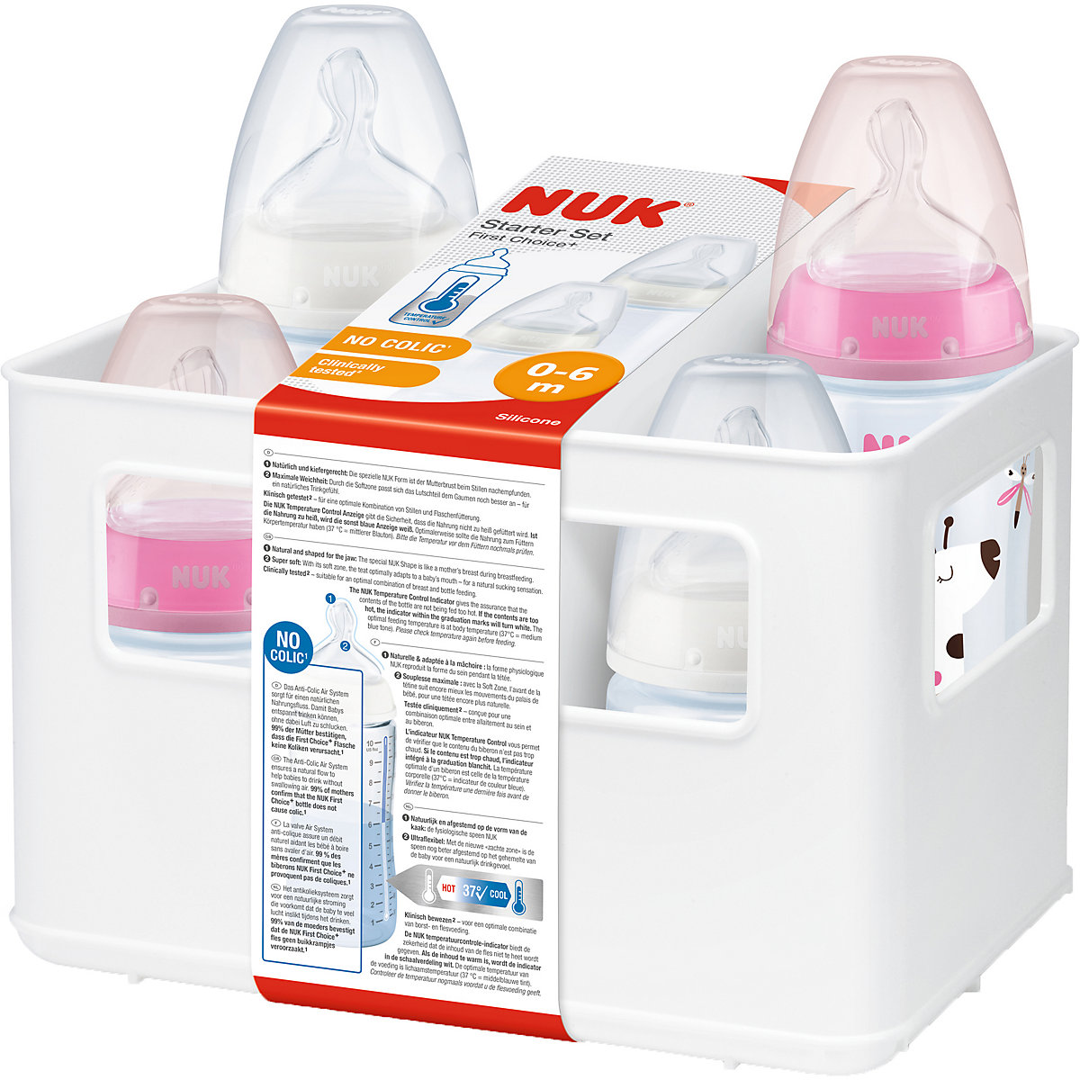 NUK First Choice+ Starter Set mit Temperature Control Flaschenbox mit 4 Babyflaschen 0-6 Monate rosa & weiß