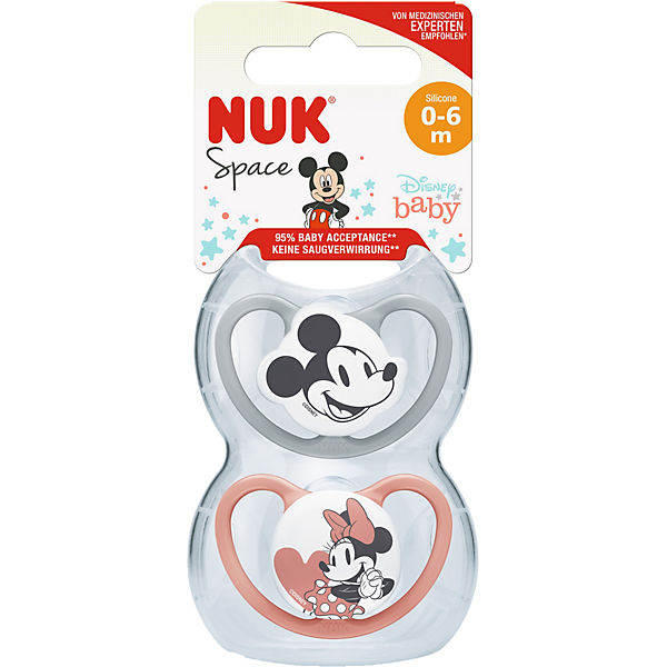 NUK Disney Minnie Mouse Space Silikon-Schnuller, kiefergerechte Form, 0-6 Monate, 2 Stück, grau & rot