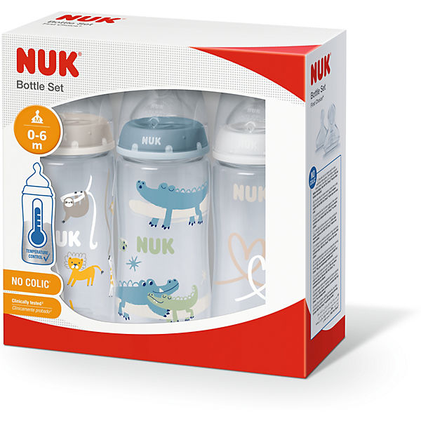 NUK First Choice+ 3er-Flaschen-Set mit Temperature Control Anzeige, 3 NUK First Choice+ Babyflaschen 300ml, Silikon-Trinksauger, 0-6 Monate, beige, blau, weiß
