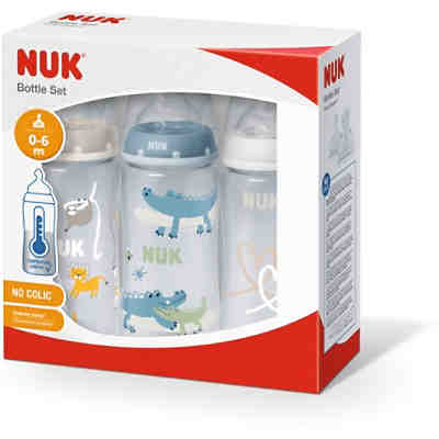 NUK First Choice+ 3er-Flaschen-Set mit Temperature Control Anzeige, 3 NUK First Choice+ Babyflaschen 300ml, Silikon-Trinksauger, 0-6 Monate, beige, blau, weiß