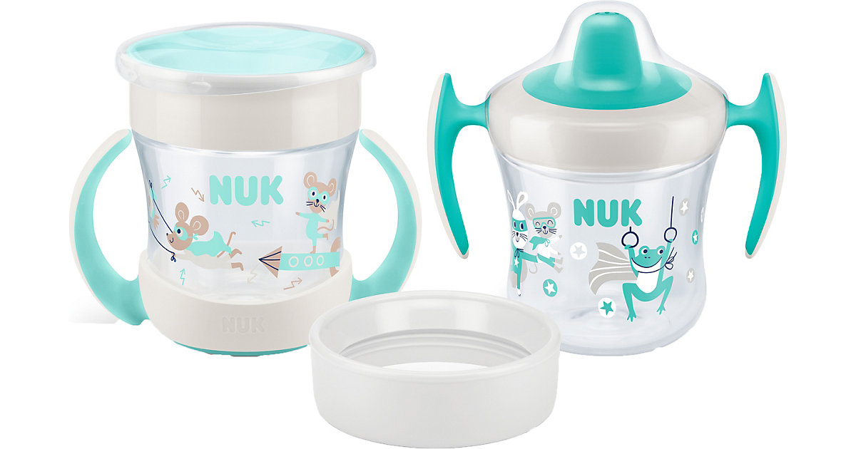 Image of NUK Mini Cups 3in1, 1x NUK Mini Trainer Cup, 1x NUK Mini Magic Cup, 1x NUK Trinkrand, 160ml, ab 6 Monaten, mint & türkis
