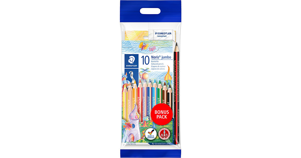 TRICKI DICKI Jumbo-Buntstifte, 10 Farben, inkl. Bleistift & Radierer