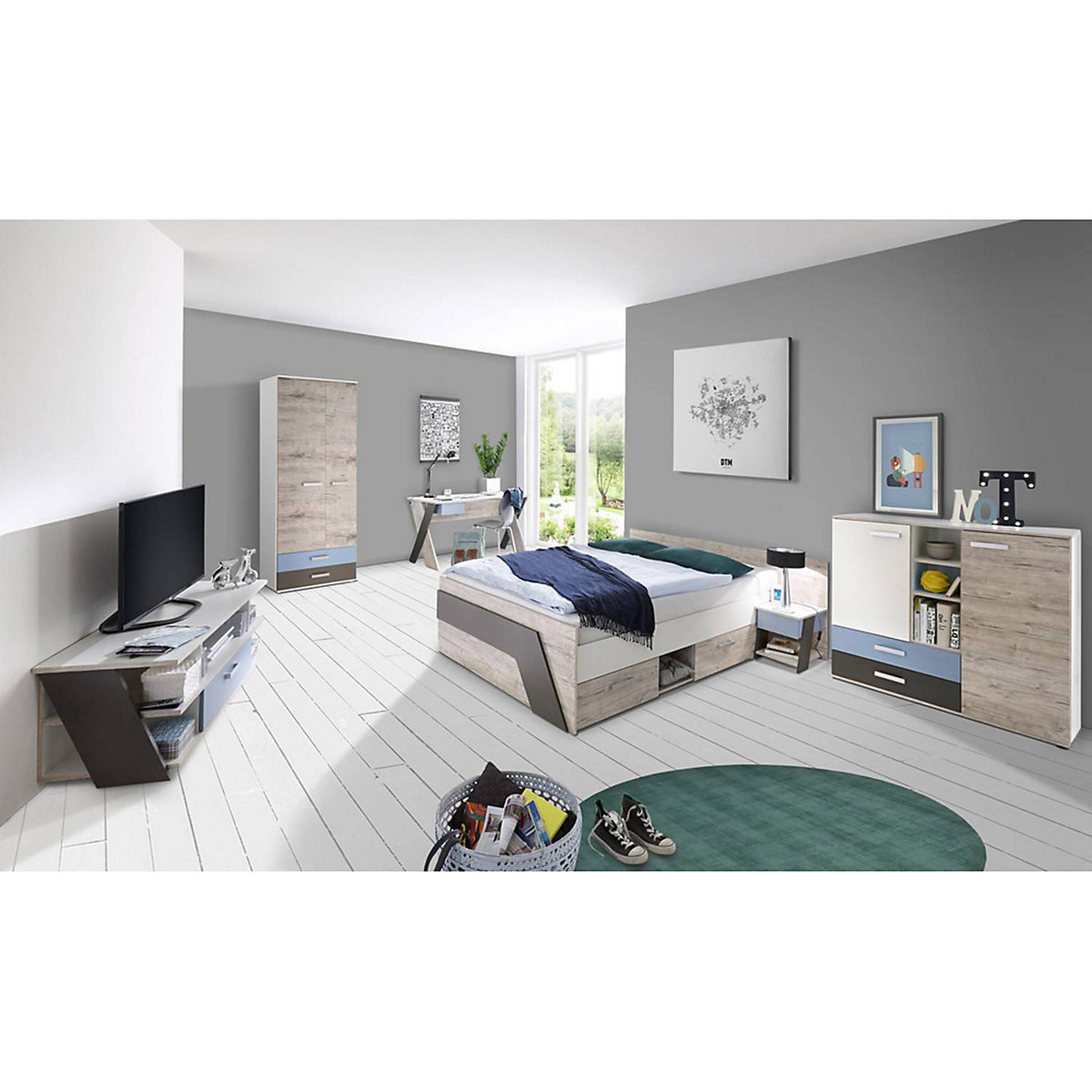LOMADO® Jugendzimmer Komplett Set mit Bett 140x200 cm mit Kleiderschrank LEEDS-10 in Sandeiche Nb. mit weiß Lava und Denim Blau