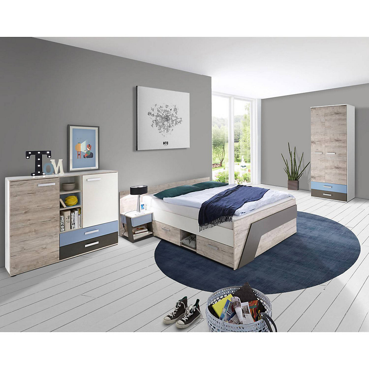 LOMADO® Jugendzimmer Set mit Bett 140x200 cm mit Kleiderschrank LEEDS-10 in Sandeiche Nb. mit weiß Lava und Denim Blau