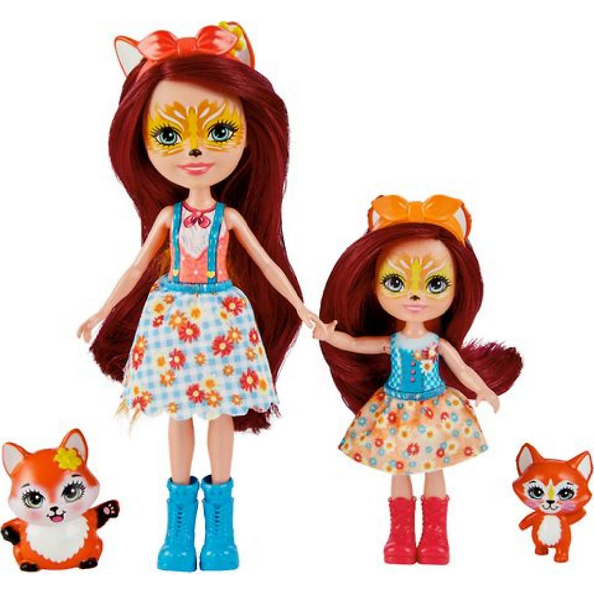 Enchantimals Felicity Fox und kleine Schwester (ca. 15 cm und ca. 10 cm) und 2 Tierfiguren