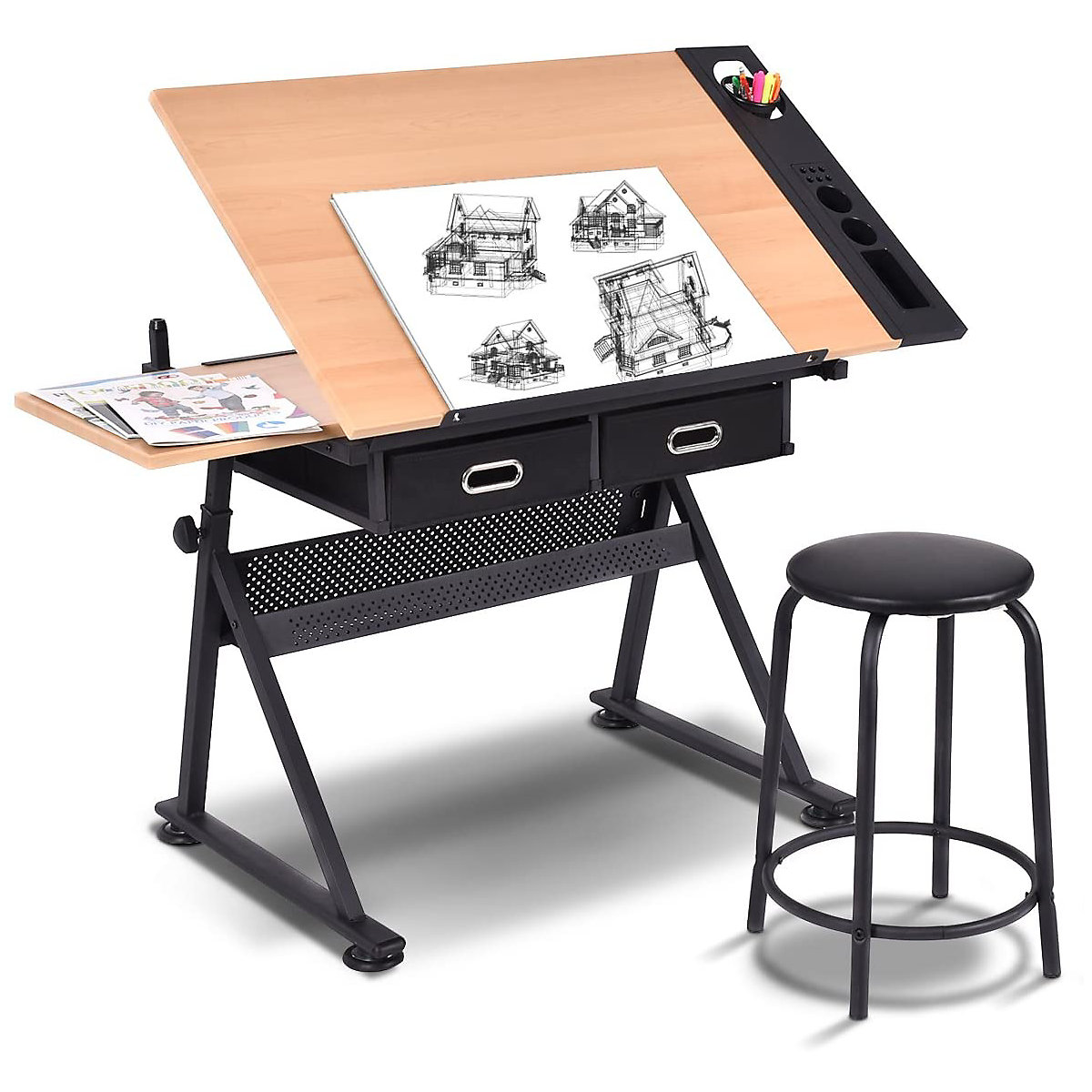 COSTWAY® Schreibtisch mit Hocker höhenverstellbar neigbar