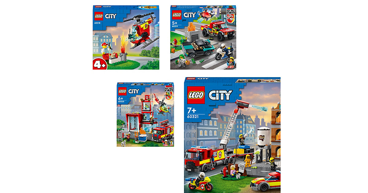 Spielzeug: Lego City Fire 4er Set: 60318 Feuerwehrhubschrauber + 60319 Löscheinsatz und Verfolgungsjagd + 60320 Feuerwache + 60321 Feuerwehreins