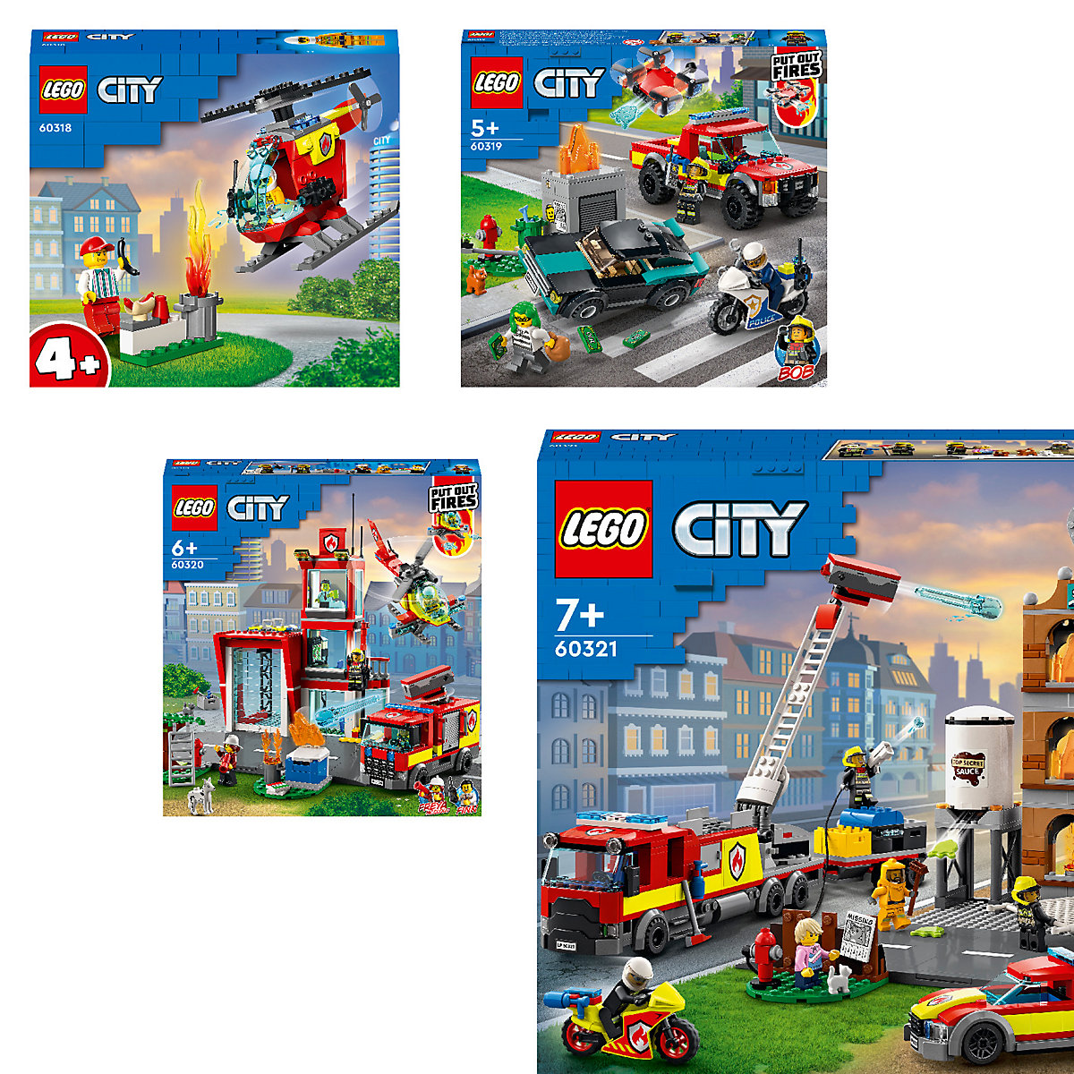 LEGO City Fire 4er Set: 60318 Feuerwehrhubschrauber + 60319 Löscheinsatz und Verfolgungsjagd + 60320 Feuerwache + 60321 Feuerwehreinsatz mit Löschtruppe