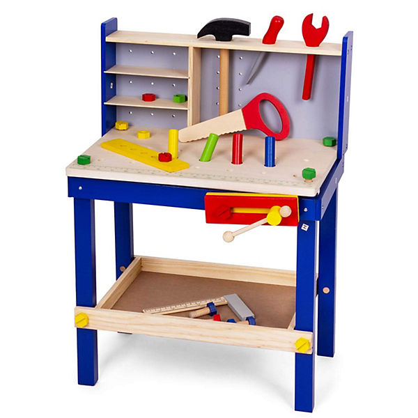 Werkbank Holz Kinderwerkbank mit Werkzeug aus Holz, Blau lackiert, 50tlg