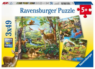 3er Set Puzzle, je 49 Teile, 21x21 cm, Wald-/Zoo-/Haustiere