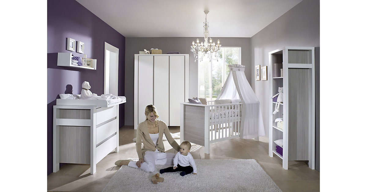 Komplett Kinderzimmer MILANO PINIE, 3-tlg. (Kinderbett + US, Wickelkommode und 3-türiger Kleiderschrank), Pinie silberfarbig/weiß Gr. 70 x 140