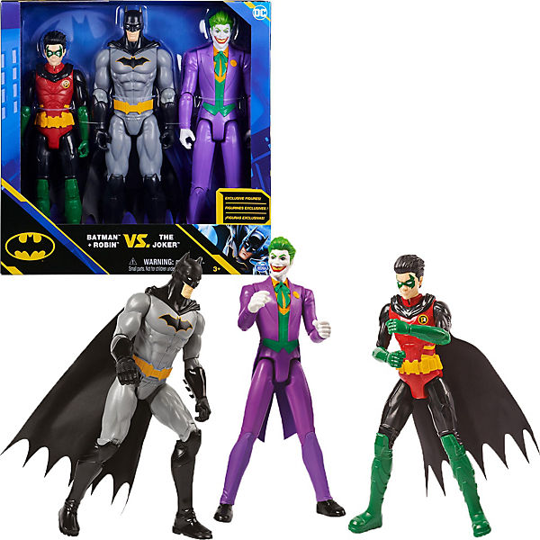 Batman 30cm Figuren-Set aus Batman (Rebirth), Robin und Joker, inkl. Stoffumhang, original Comic-Design