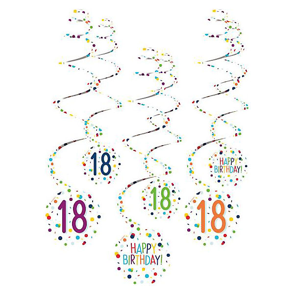 Dekospiralen Confetti Birthday, Zahl 18, 61cm 6 Stück