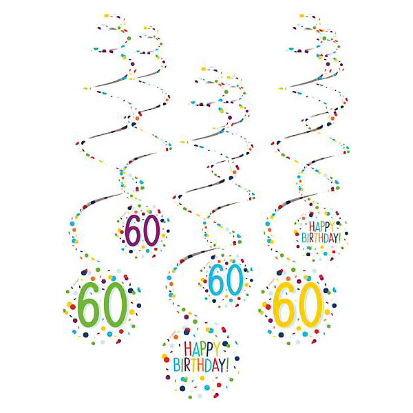 Dekospiralen Confetti Birthday, Zahl 60, 61cm 6 Stück
