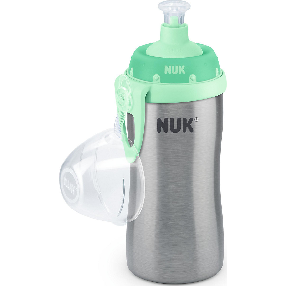NUK Junior Cup Edelstahl Flaschenkörper aus hochwertigem Edelstahl mit Push-Pull-Tülle 215ml ab 18 Monaten auslaufsicher mit Clip 1 Stück grün