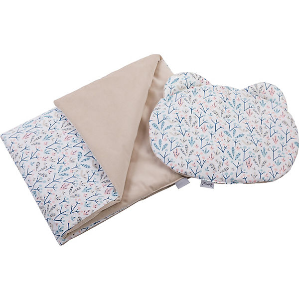 Bettdecke und Kissen, 2tlg. aus Baumwolle, 70x100 cm, Samt und Baumwolle, Blätter Flieder