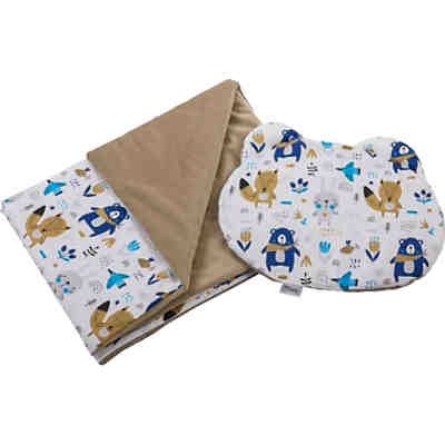 Bettdecke und Kissen, 2tlg. aus Baumwolle, 70x100 cm, Samt und Baumwolle, Teddybären Braun