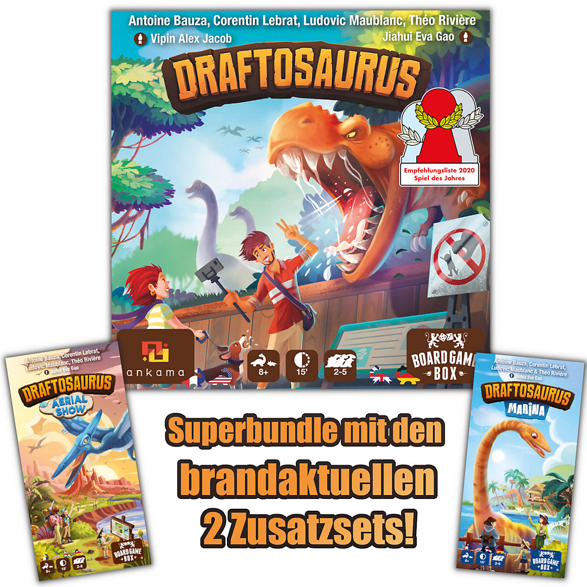Board Game Box Draftosaurus + 2 Erweiterungen (Aerial Show + Marina)