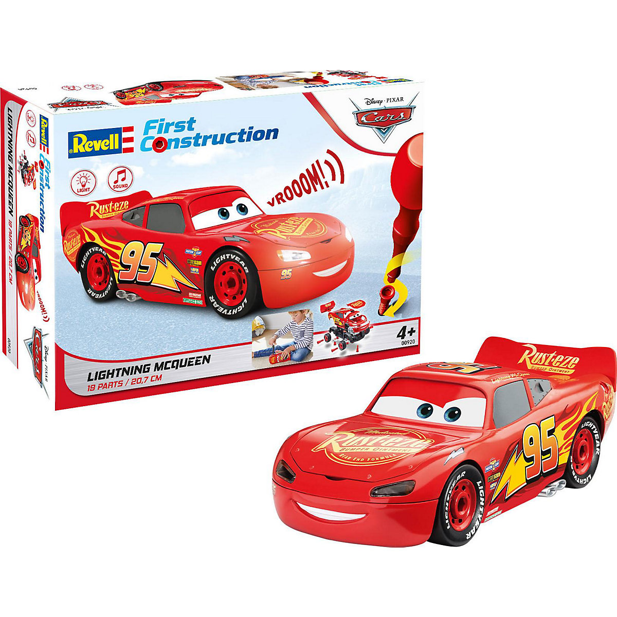 Lightning McQueen Disney-Cars Auto mit Licht&Sound Revell First Construction Bausatz für Kinder ab 4 im Maßstab 1:20 19 Teile 20 7 cm