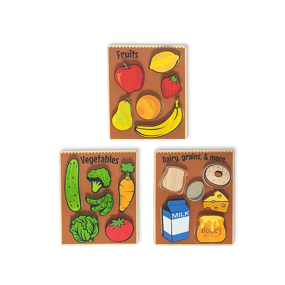 LK Trend & Style Holzpuzzle 3er Set Obst- Gemüse- und Cerealienpuzzle