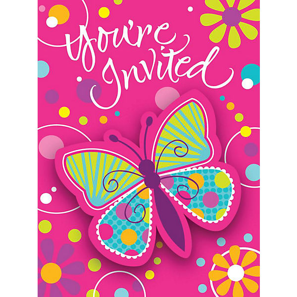 Einladungskarten Pink Schmetterling, 8 Stück inkl. Kuvert