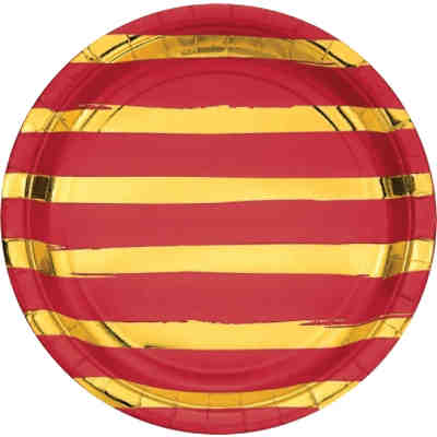 Papp-Partyteller Ø 23 cm Goldene Streifen Rot, 8 Stück, folienbeschichtet