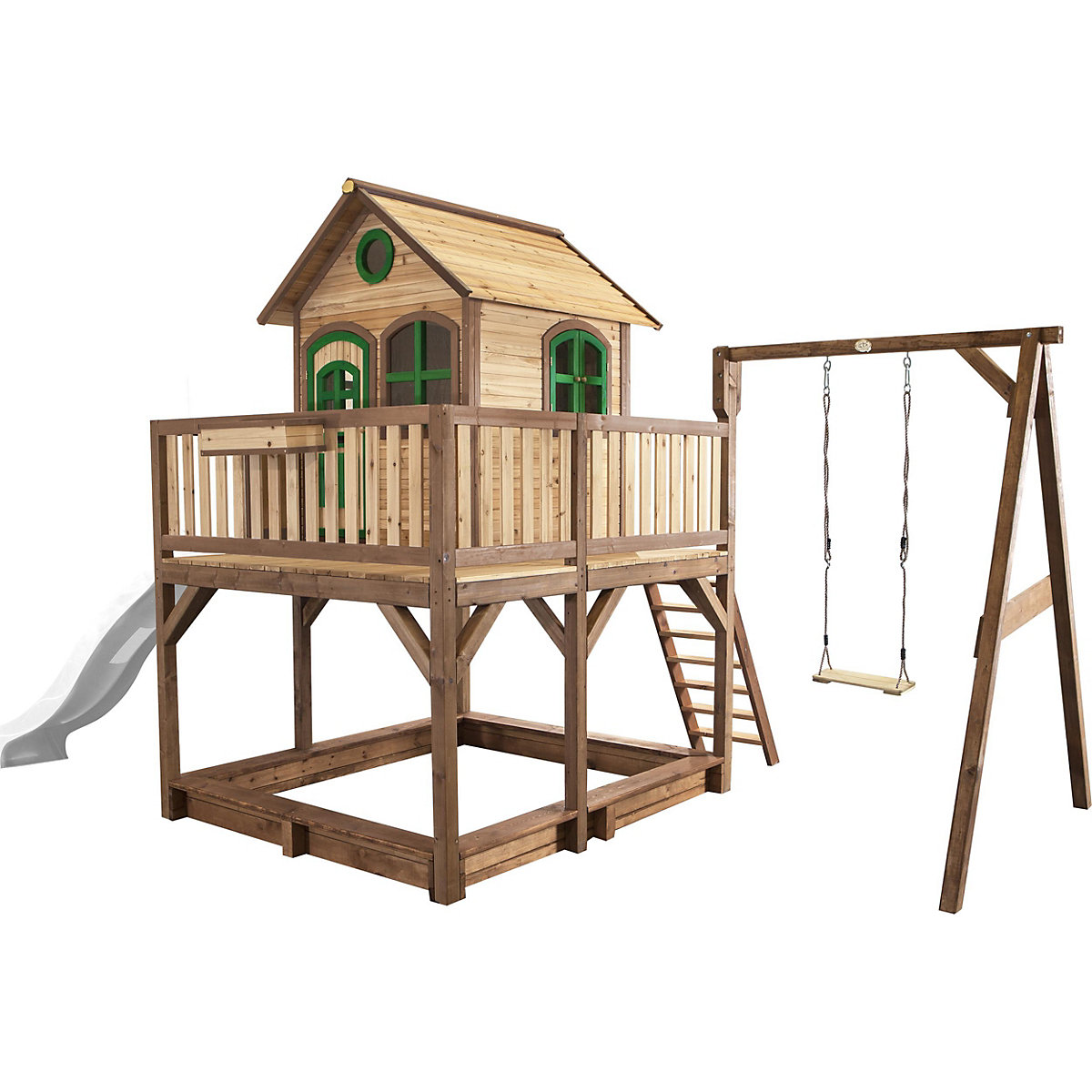 Axi Liam Spielhaus mit Einzelschaukel Braun/Grün Weiß Rutsche Axi Liam Spielhaus mit Einzelschaukel Braun/Grün Weiß Rutsche
