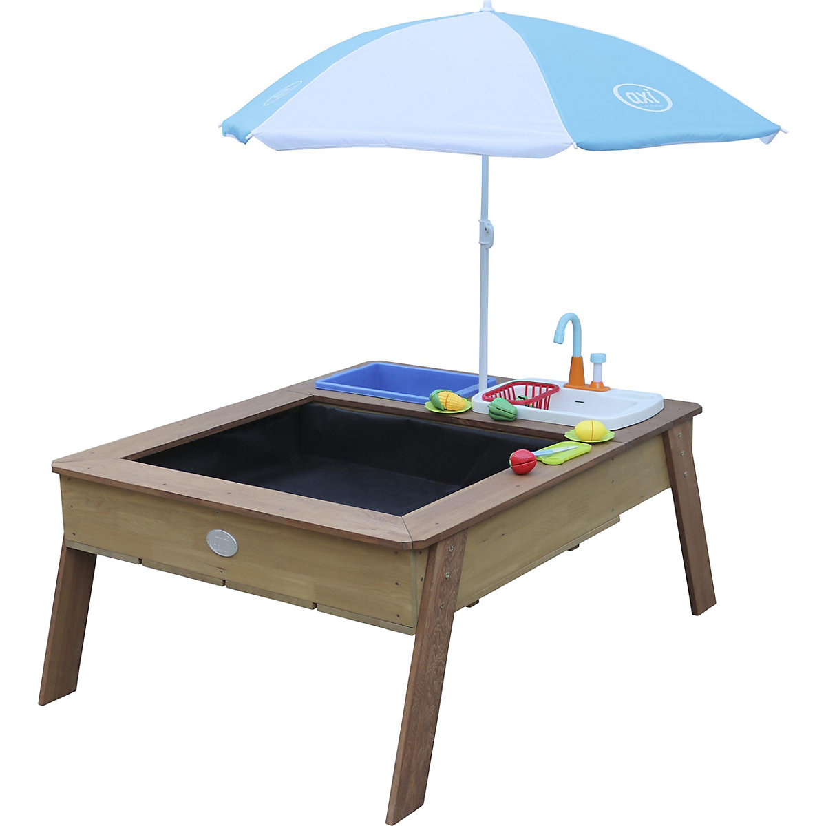 Axi Linda Sand- und Wassertisch mit Spielküche Braun Regenschirm Blau/Weiß