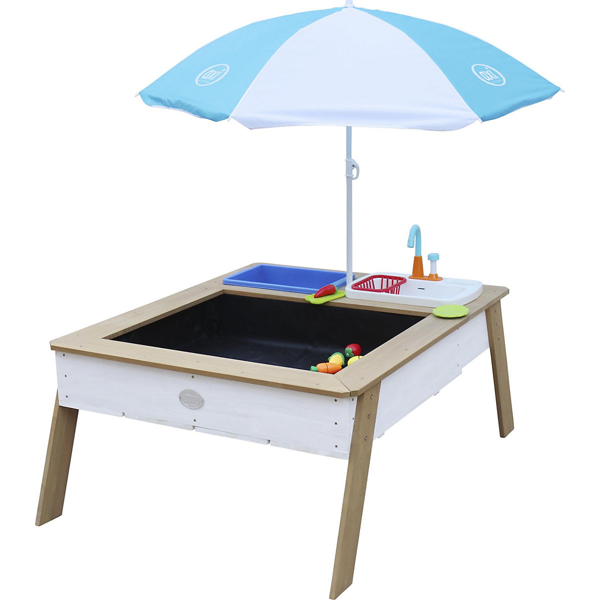 Axi Linda Sand- und Wassertisch mit Spülbecken Braun/Weiß Regenschirm Blau/Weiß