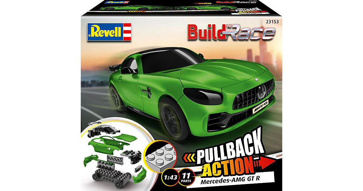Image of Build 'n Race Mercedes-AMG GT R, grün, Auto-Bausatz mit Rückziehmotor Kinder ab 4 im Maßstab 1:43, 10 Teile, 9 cm Kinder