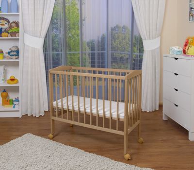 Baby Beistellbett mit Matratze und Stoffset, Buche vollmassiv höhenverstellbar Natur
