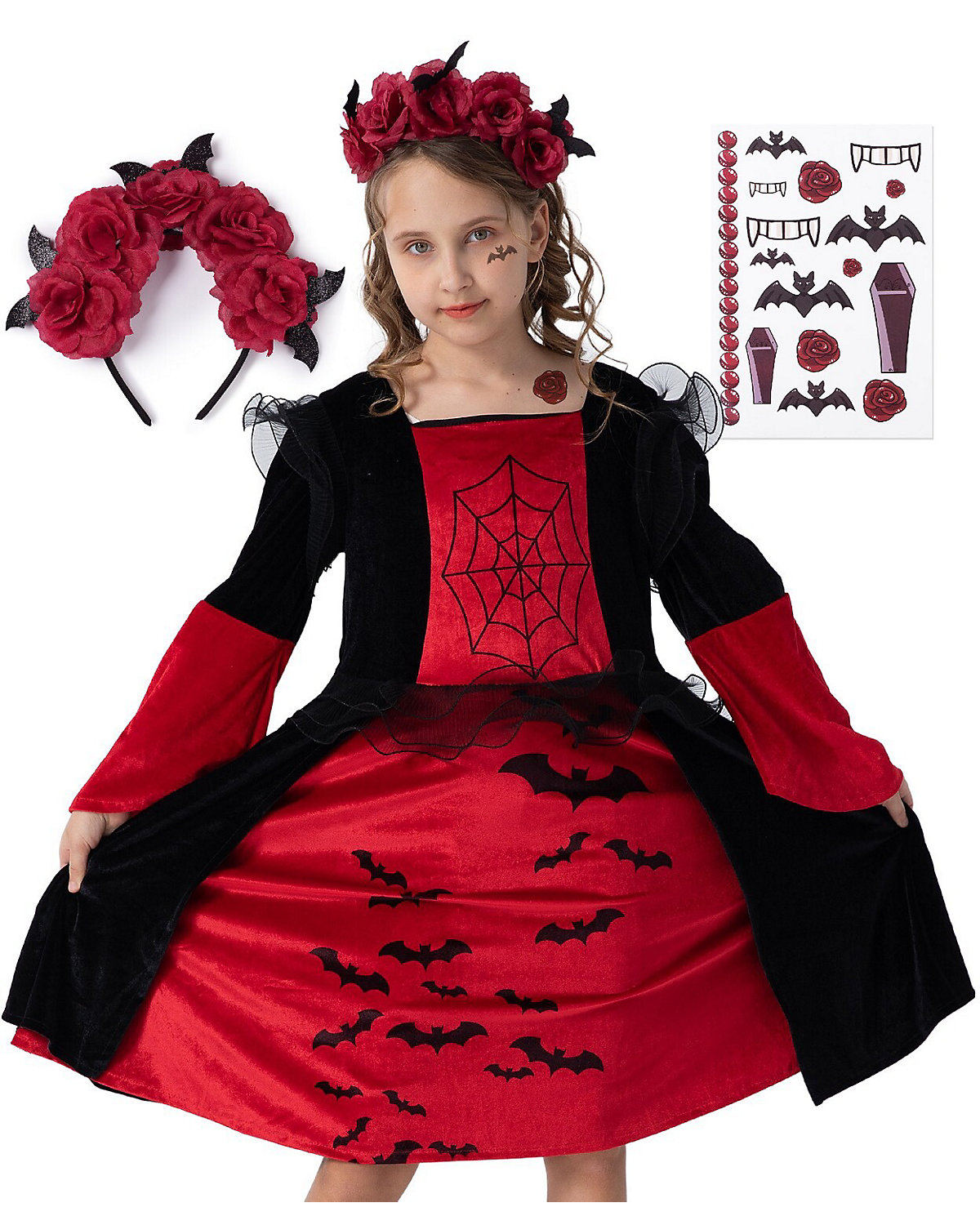 Corimori® Vampir Achillea Halloween-Kostüm Set mit Haarband und Zubehör zu Fasching Kinder-Kleid Karneval schwarz/rot