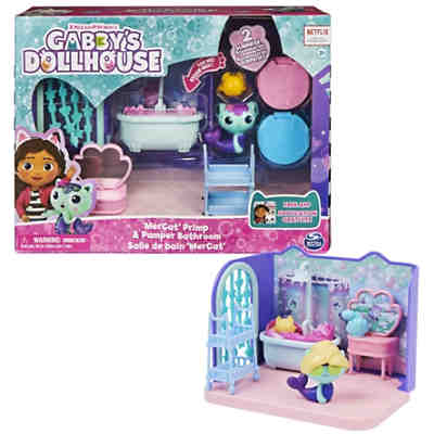 Gabby‘s Dollhouse Deluxe-Raum, Primp and Pamper Bathroom, Badezimmer mit MerCat-Figur und 3 Zubehörteilen, 3 Möbelstücken und 2 Überraschungsboxen, geeignet für Kinder ab 3 Jahren