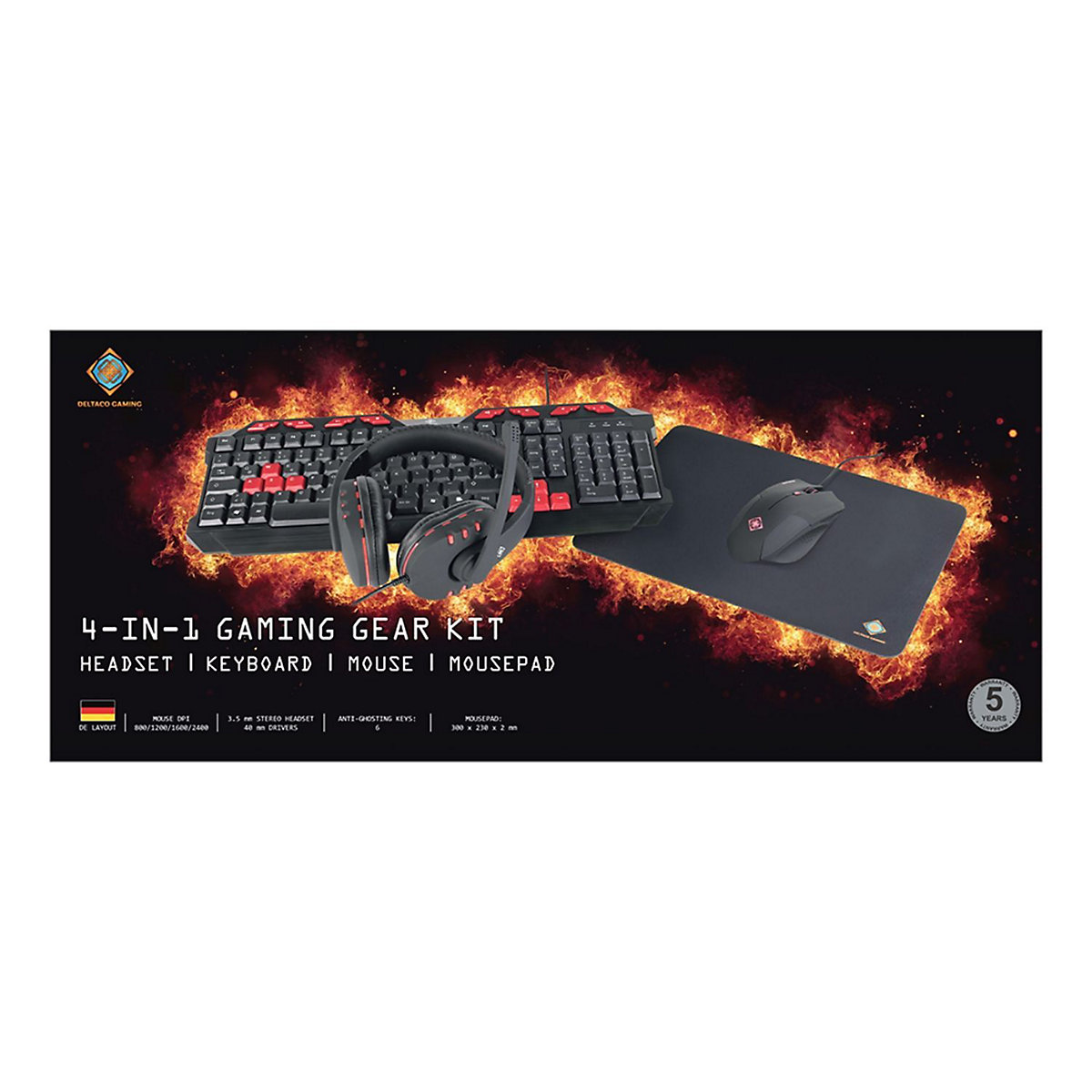 Deltaco Gaming-Kit 4-in-1 Kopfhörer Tastatur Maus Mauspad (Deutsches Layout)