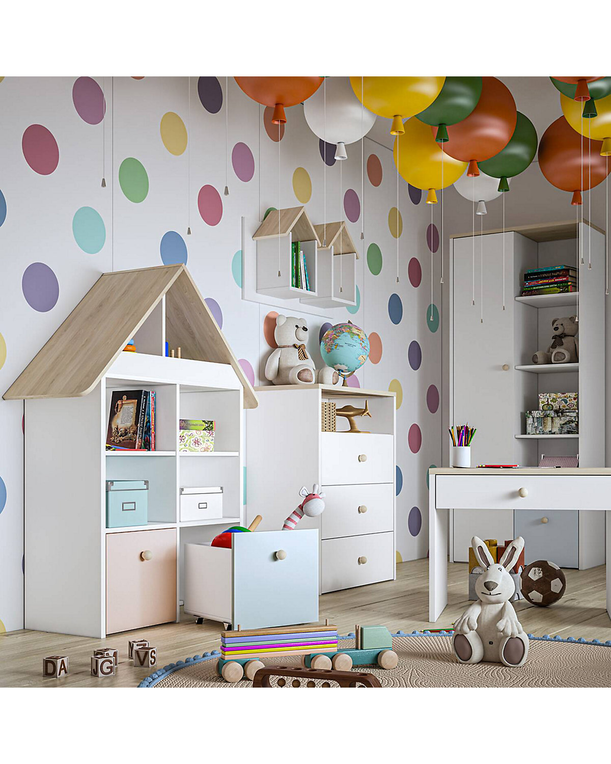 LOMADO® Kinderzimmer Set Schränke Tisch ELVA-131 in weiß mit Fjord Buche Nb. B/H/T: ca. 384/193/51