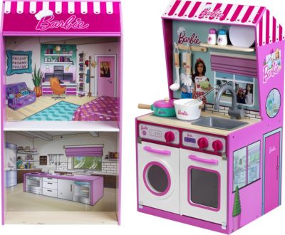 Image of Barbie Spielküche + Puppenhaus 2 in 1, Holz pink