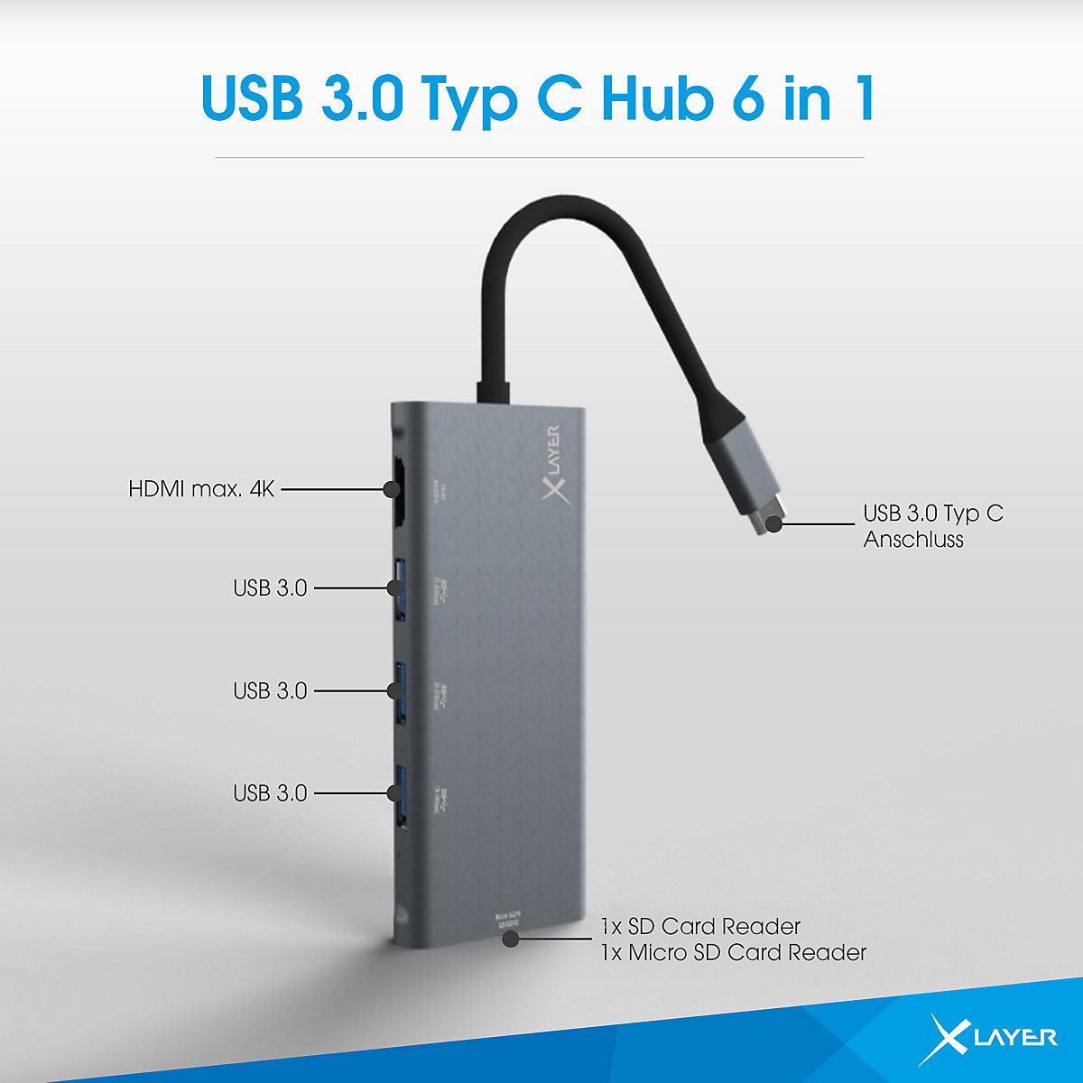 Xlayer USBDEVICE USB 3.0 HUB Typ C 6-IN-1 Grey