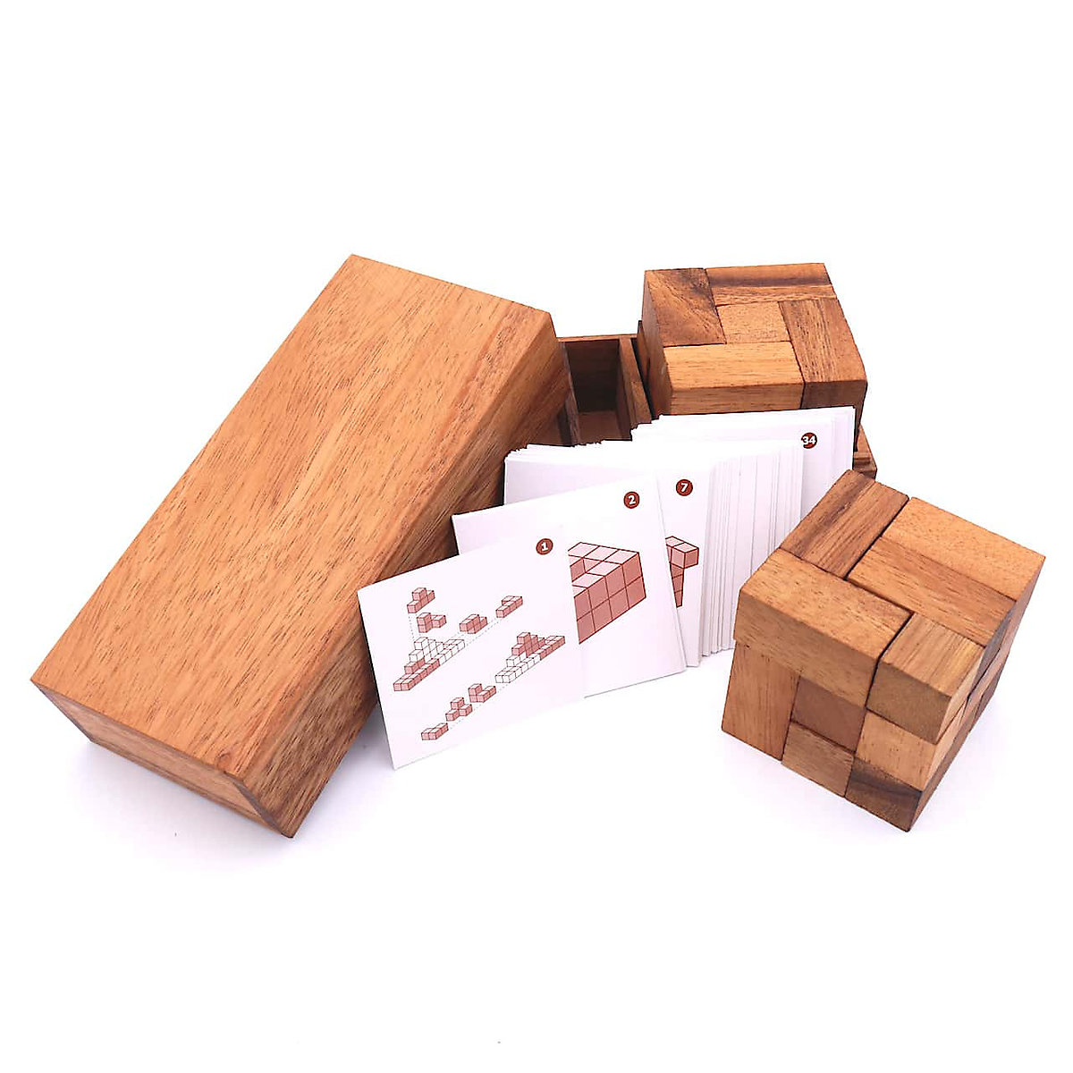 ROMBOL Doppelter Soma Würfel variantenreiches Denkspiel mit 50 Karten für 2 Personen aus Holz