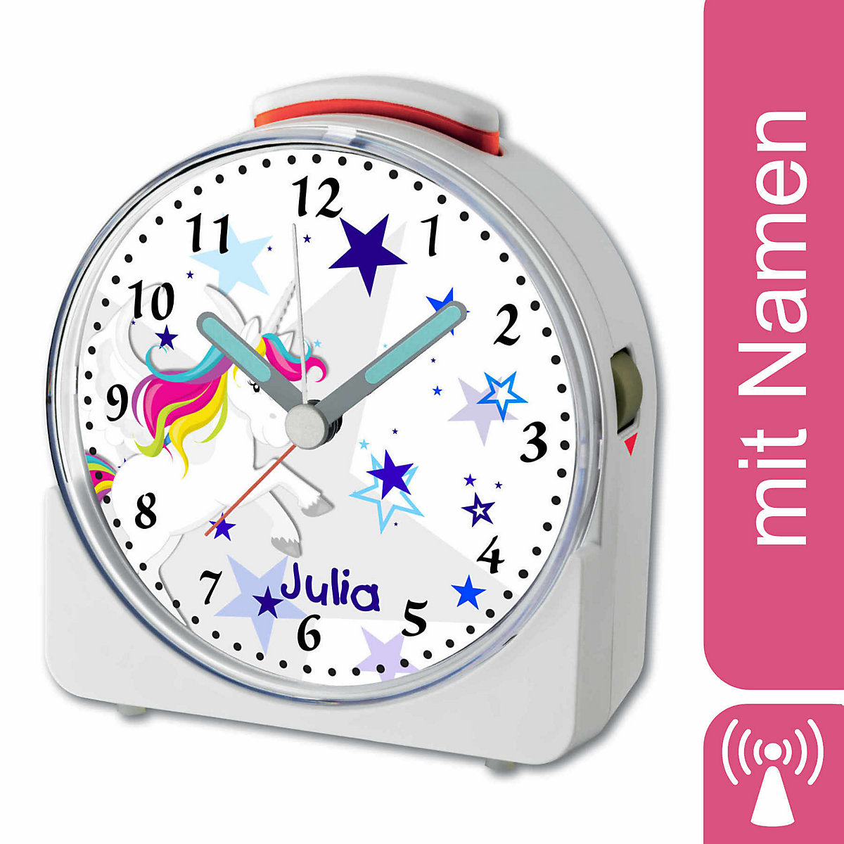 CreaDesign Kinder Funkwecker weiß personalisiert mit Namen Einhorn Blau 12-Stunden-Anzeigeformat Geräuschlos/Ohne Ticken Nachtlicht