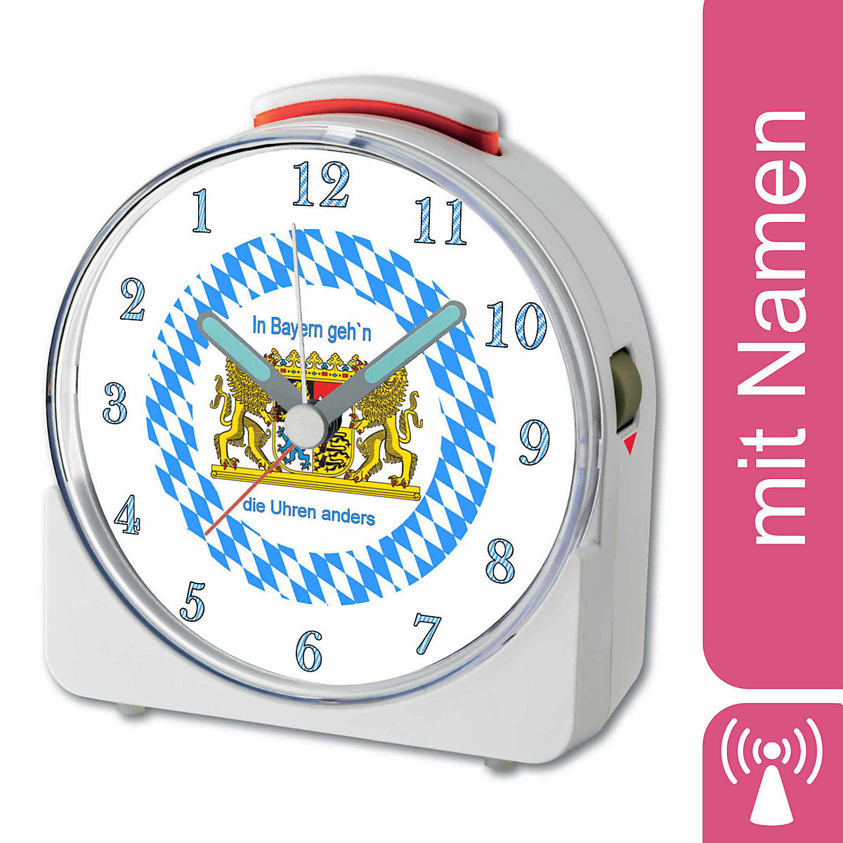 CreaDesign Kinder Funkwecker weiß personalisiert mit Namen Bayern 12-Stunden-Anzeigeformat Geräuschlos/Ohne Ticken Nachtlicht