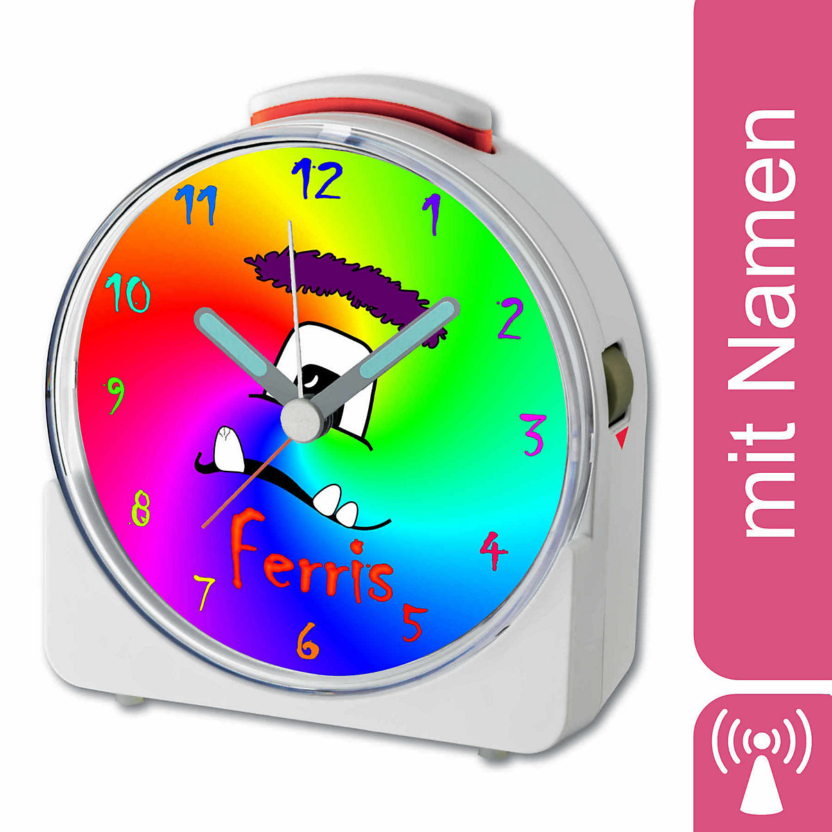 CreaDesign Kinder Funkwecker weiß personalisiert mit Namen Monster Regenbogen 12-Stunden-Anzeigeformat Geräuschlos/Ohne Ticken Nachtlicht