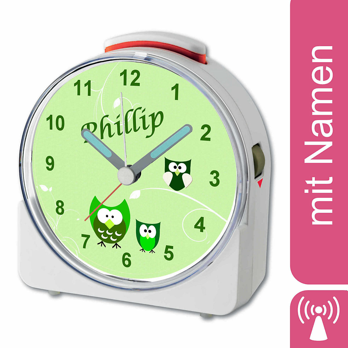 CreaDesign Kinder Funkwecker weiß personalisiert mit Namen Eule Grün 12-Stunden-Anzeigeformat Geräuschlos/Ohne Ticken Nachtlicht
